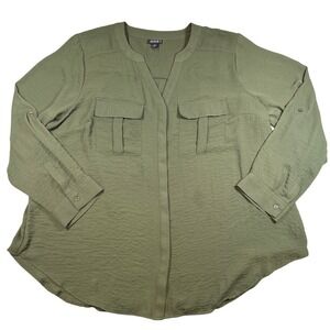 ana Women's Olive Green Utility Blouse Split Neck Roll Tab Military Plus Size 1X